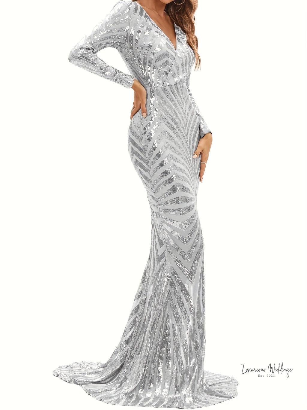 Sparkling V-neck Mermaid Dress - Long Sleeve Party & Banquet Attire Gatsby Gown Luxurious Weddings