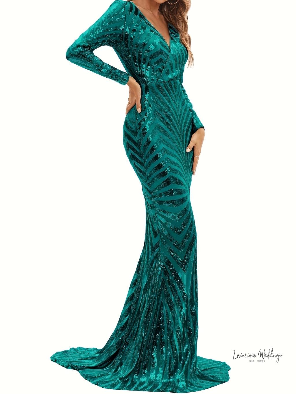 Sparkling V-neck Mermaid Dress - Long Sleeve Party & Banquet Attire Gatsby Gown Luxurious Weddings