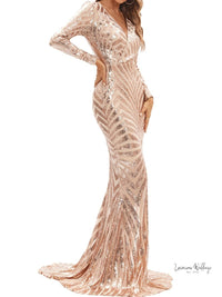 Sparkling V-neck Mermaid Dress - Long Sleeve Party & Banquet Attire Gatsby Gown Luxurious Weddings