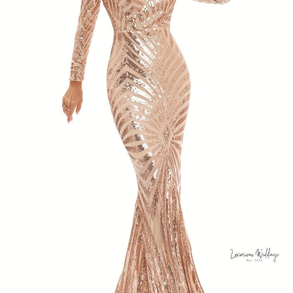 Sparkling V-neck Mermaid Dress - Long Sleeve Party & Banquet Attire Gatsby Gown Luxurious Weddings