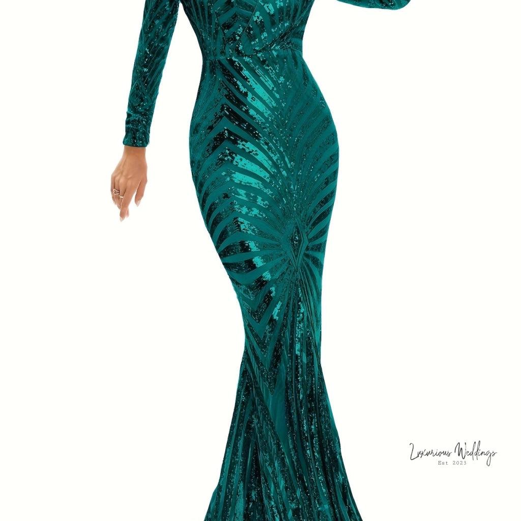 Sparkling V-neck Mermaid Dress - Long Sleeve Party & Banquet Attire Gatsby Gown Luxurious Weddings