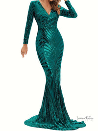 Sparkling V-neck Mermaid Dress - Long Sleeve Party & Banquet Attire Gatsby Gown Luxurious Weddings