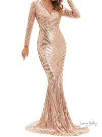 Sparkling V-neck Mermaid Dress - Long Sleeve Party & Banquet Attire Gatsby Gown Luxurious Weddings