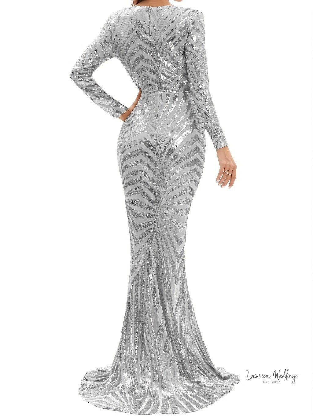Sparkling V-neck Mermaid Dress - Long Sleeve Party & Banquet Attire Gatsby Gown Luxurious Weddings