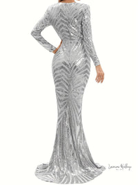 Sparkling V-neck Mermaid Dress - Long Sleeve Party & Banquet Attire Gatsby Gown Luxurious Weddings