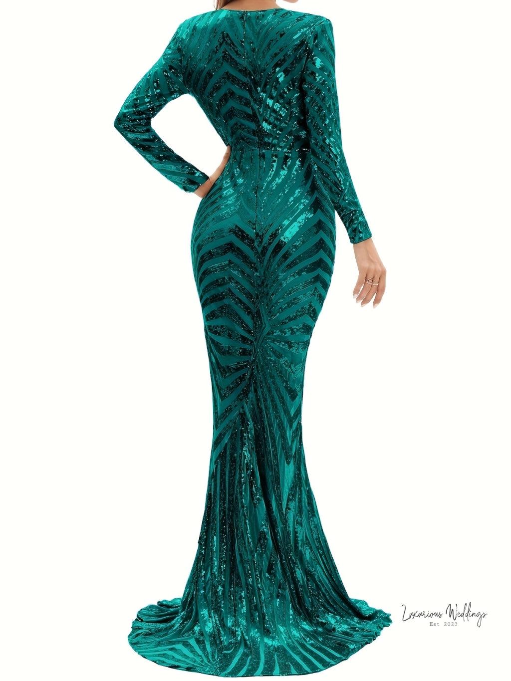 Sparkling V-neck Mermaid Dress - Long Sleeve Party & Banquet Attire Gatsby Gown Luxurious Weddings