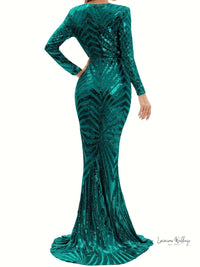 Sparkling V-neck Mermaid Dress - Long Sleeve Party & Banquet Attire Gatsby Gown Luxurious Weddings