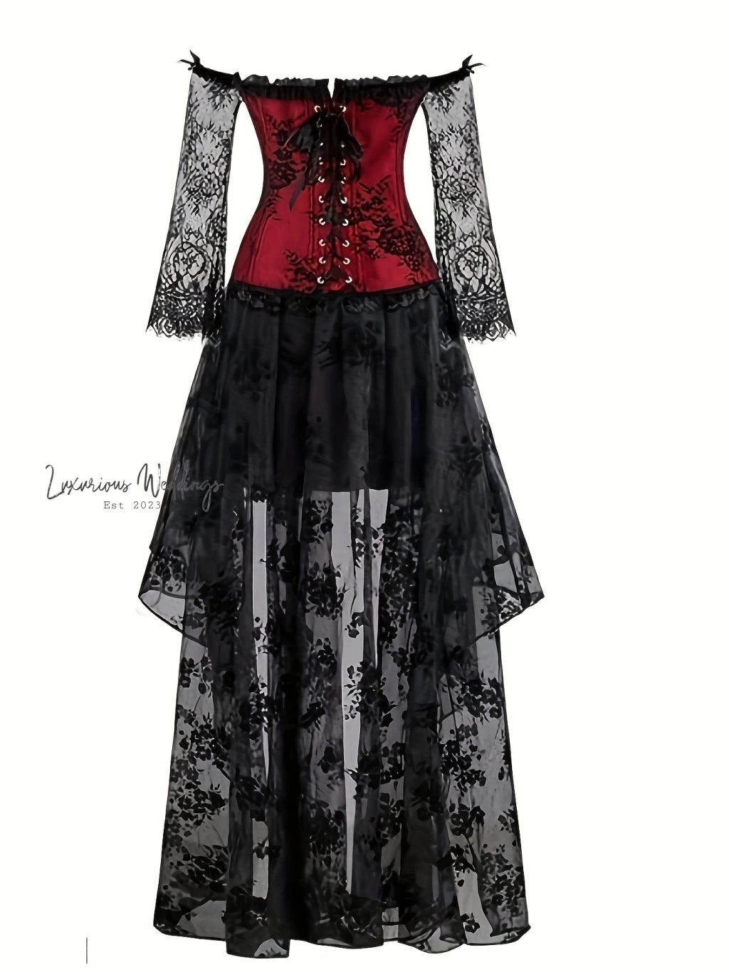 Steampunk Lace Corset Dress Set - Off Shoulder High Low Skirt Corset Dress Luxurious Weddings