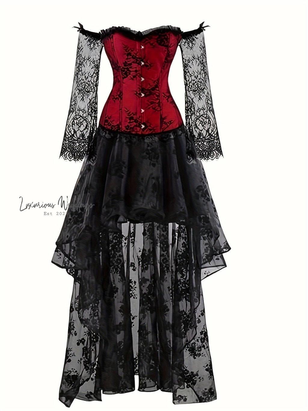 Steampunk Lace Corset Dress Set - Off Shoulder High Low Skirt Corset Dress Luxurious Weddings