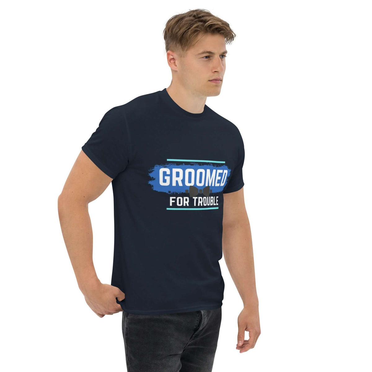 GROOMED FOR TROUBLE Bacherlor Party Novelty Classic Tee Tshirts Luxurious Weddings