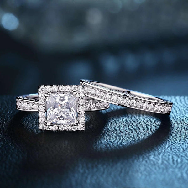 2 Piece Wedding Ring Set Princess Cut AAAAA CZ 925 Sterling Silver Engagement Rings - Luxurious Weddings