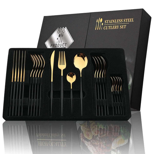 24Pcs Black Handle Golden Cutlery Set - Luxurious Weddings
