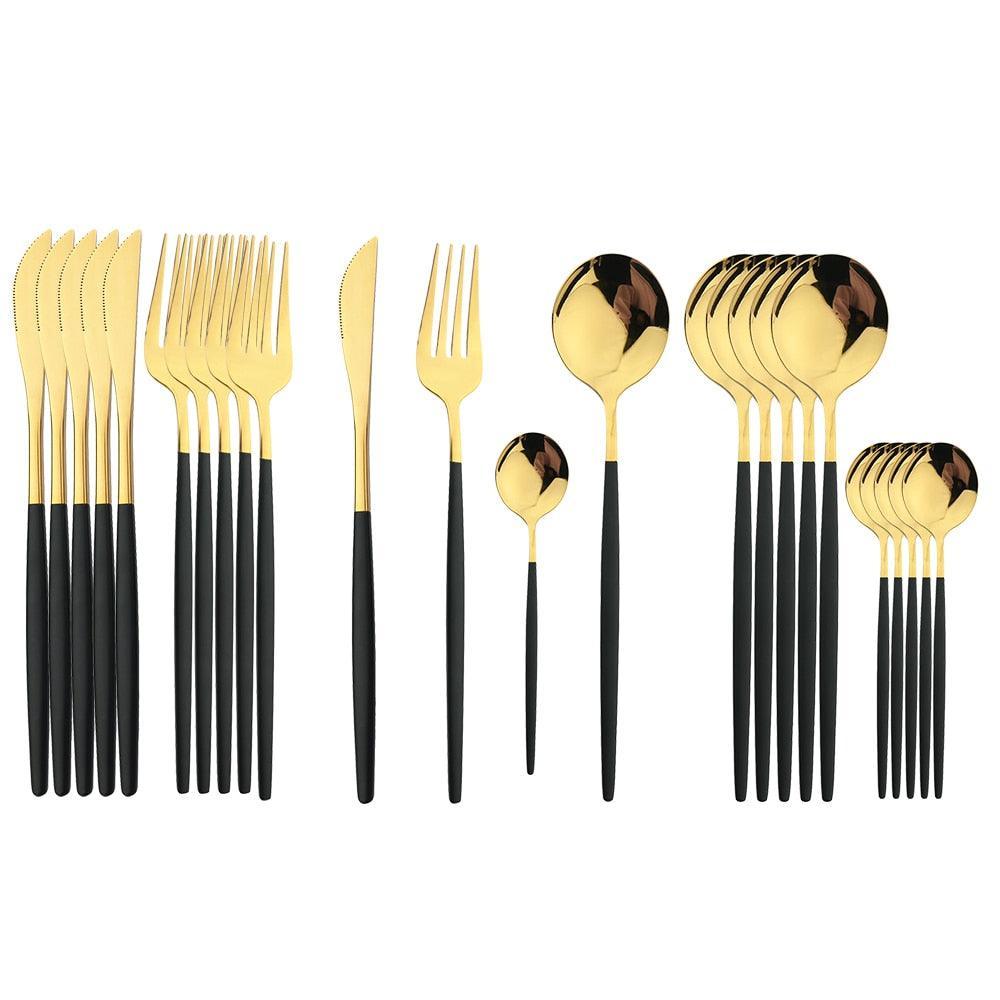 24Pcs Black Handle Golden Cutlery Set Knife Set Luxurious Weddings