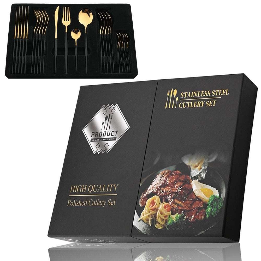 24Pcs Black Handle Golden Cutlery Set Knife Set Luxurious Weddings
