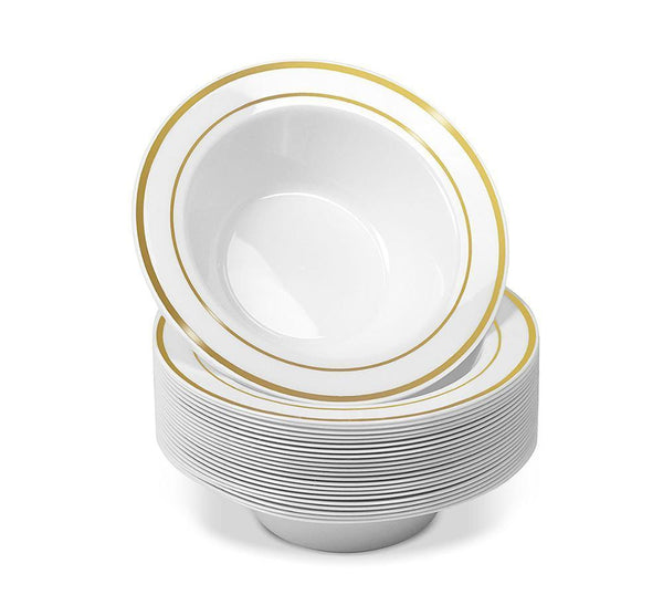 25pcs Disposable Plastic Bowls-12 oz Soup Bowls - Gold Trim Real China Design - Premium Heavy Duty Plastic Plates for Wedding - Luxurious Weddings