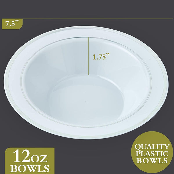 25pcs Disposable Plastic Bowls-12 oz Soup Bowls - Gold Trim Real China Design - Premium Heavy Duty Plastic Plates for Wedding - Luxurious Weddings