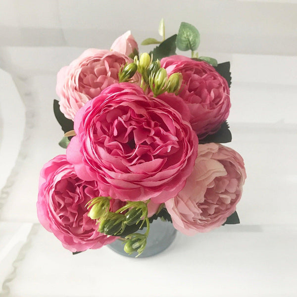 30cm Rose Pink Silk Peony Artificial Flowers Bouquet 5 Big Head and 4 Bud - Luxurious Weddings