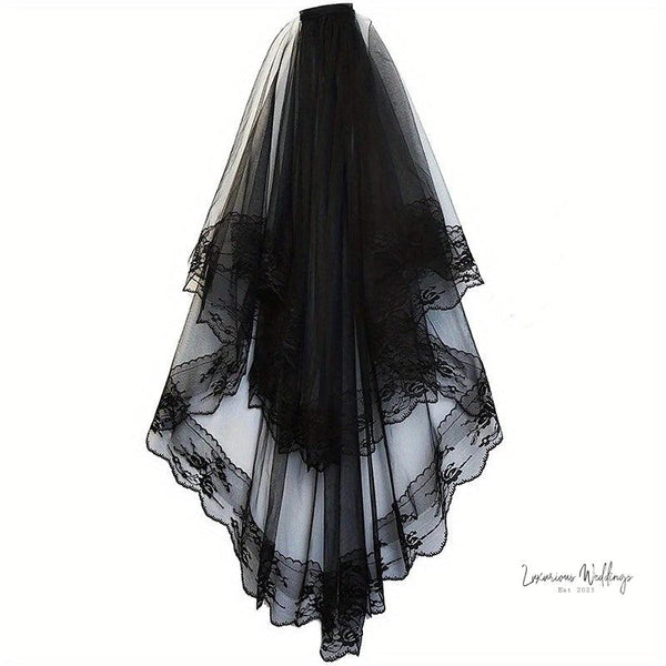 Black Bridal Wedding Veil - Floral Edge, Cathedral Length with Comb - Luxurious Weddings