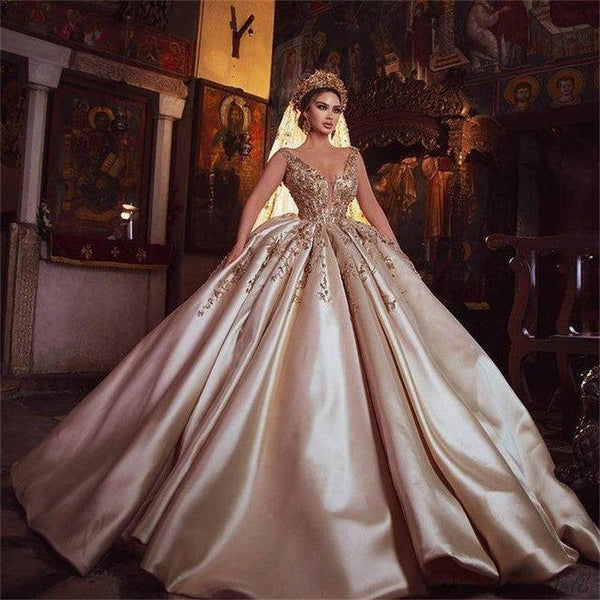 Champagne Luxurious Wedding Dress Deep V-Neck Bridal Gown - Luxurious Weddings