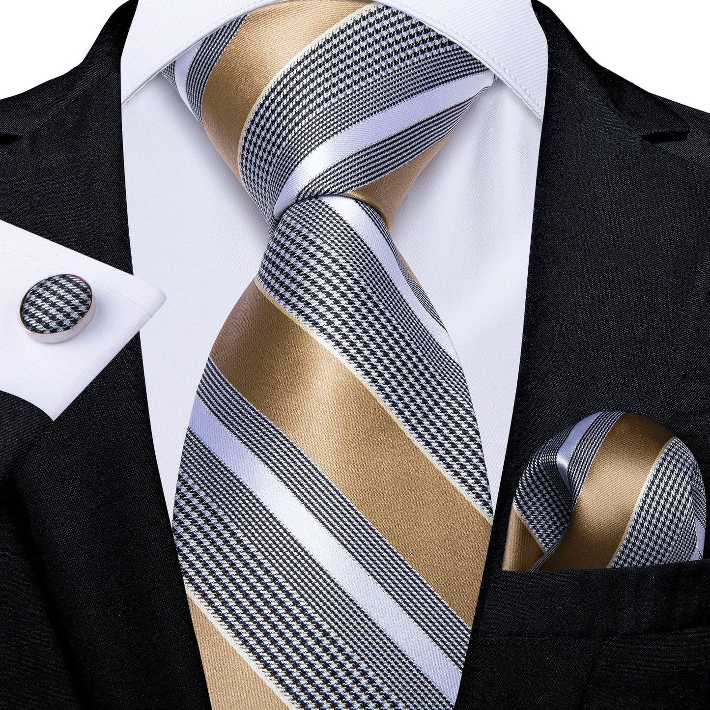 Designer Silk Necktie Hanky & Cufflink Set Groomsmen Accessories Luxurious Weddings