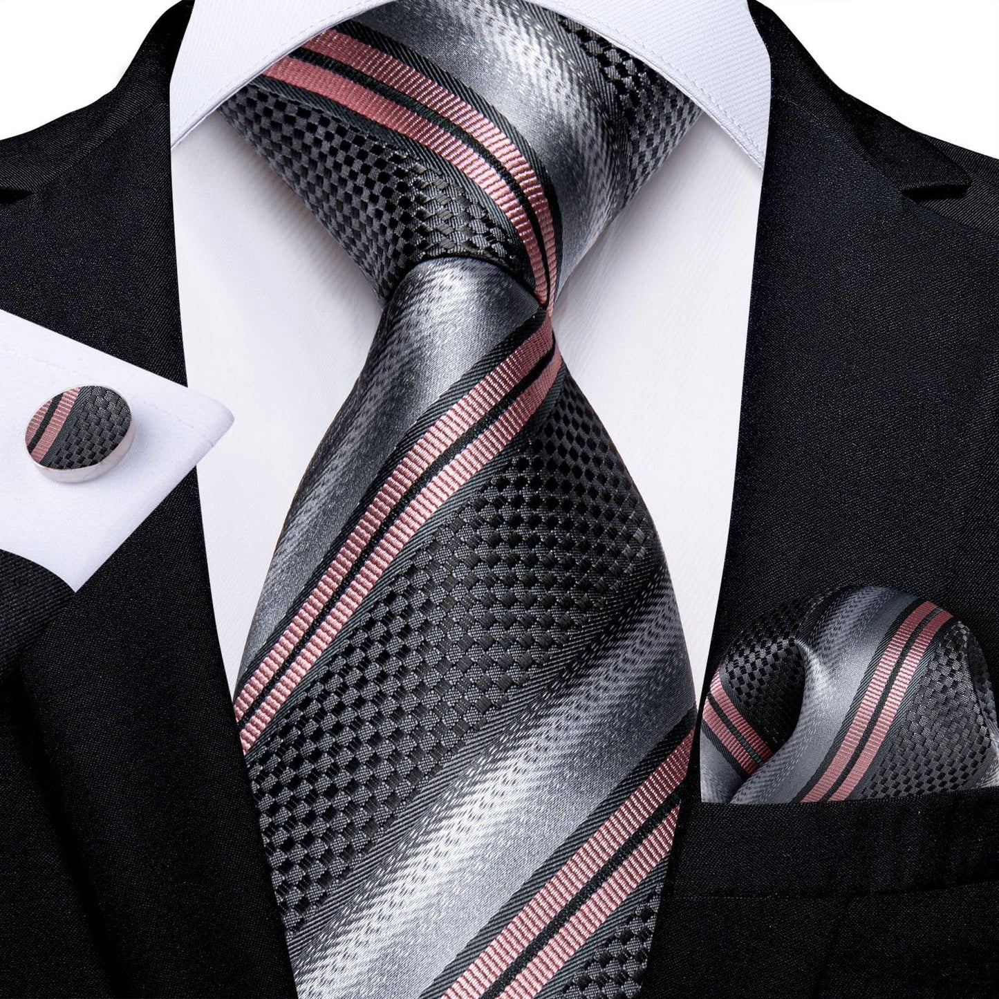 Designer Silk Necktie Hanky & Cufflink Set Groomsmen Accessories Luxurious Weddings