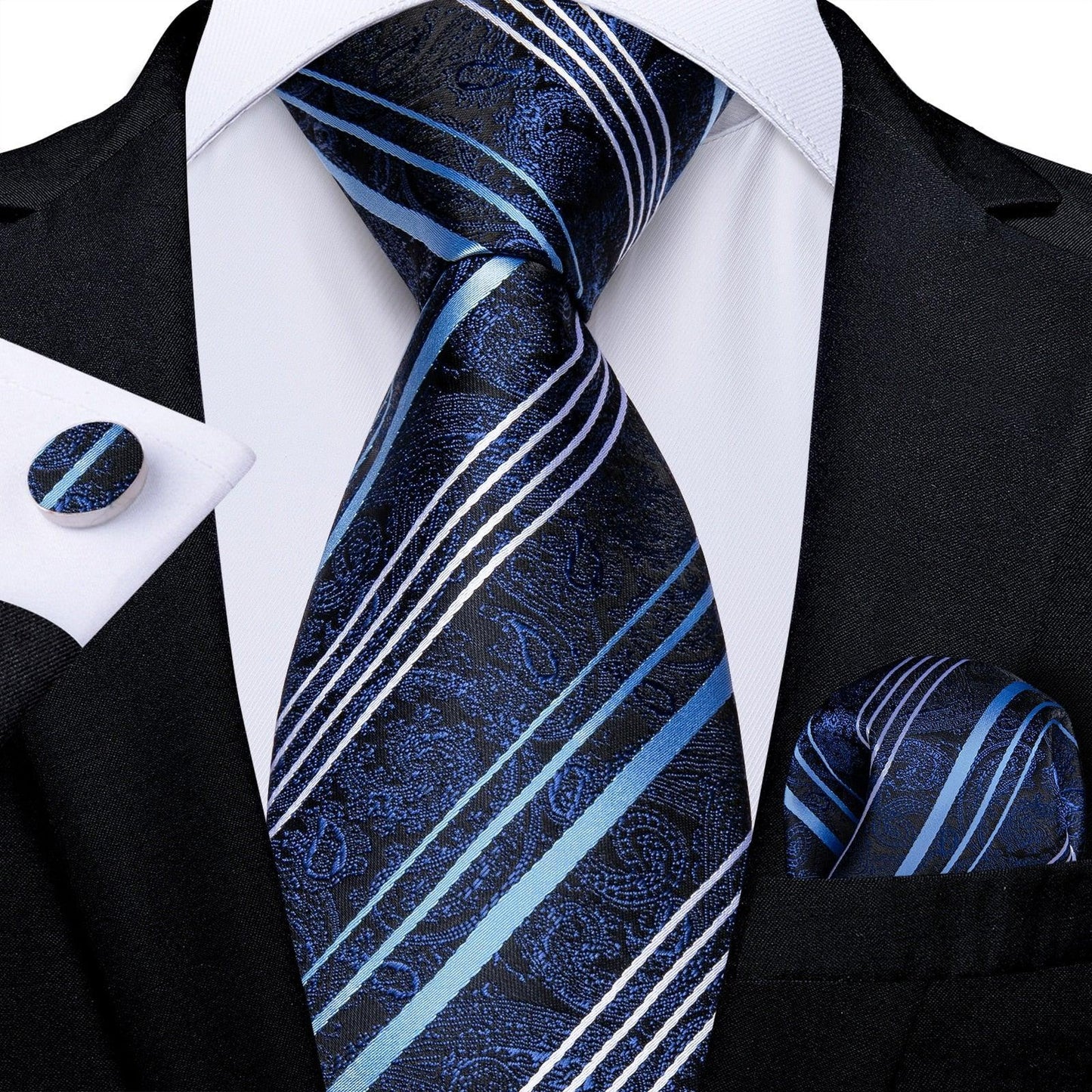 Designer Silk Necktie Hanky & Cufflink Set Groomsmen Accessories Luxurious Weddings