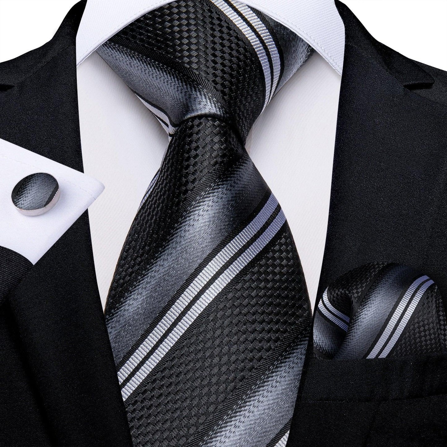 Designer Silk Necktie Hanky & Cufflink Set Groomsmen Accessories Luxurious Weddings