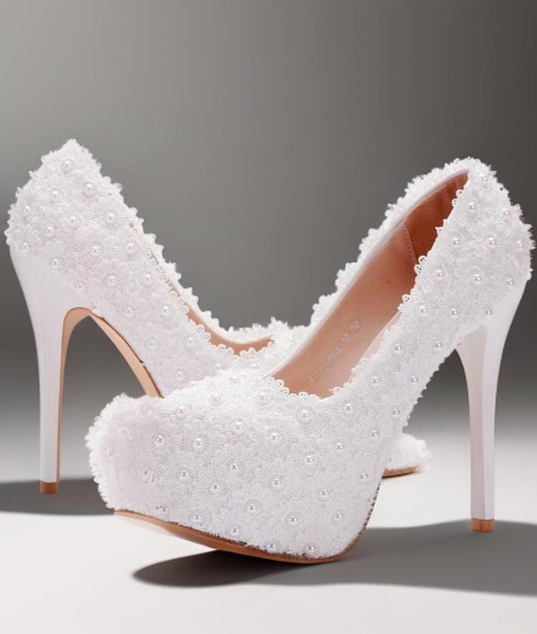 "Lilly-Rose" White Lace Bridal Shoes - Luxurious Weddings