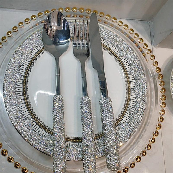 Luxury Diamond Cutlery Stainless Steel Fork Spoon Knife Gold Silver Silverware Tableware Home Kitchen Dinnerware Wedding Supply - Luxurious Weddings