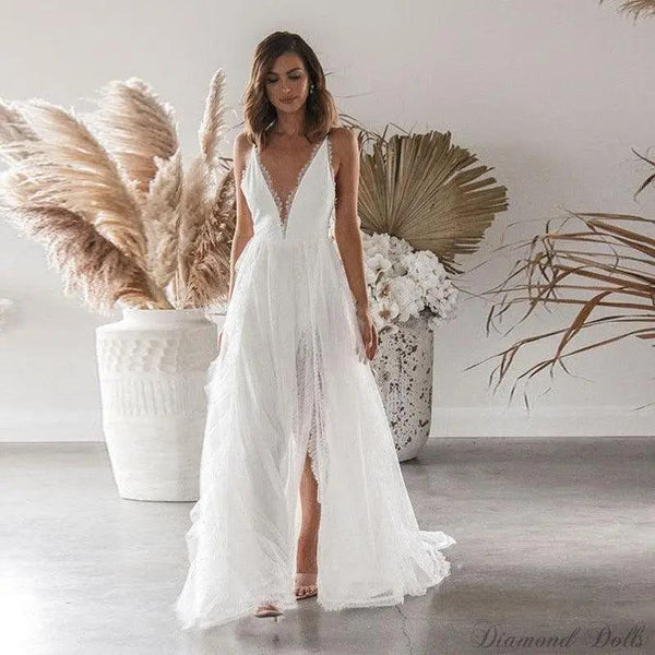 Maxi Dress High Slit Sleeveless V Neck White Lace Dress - Luxurious Weddings