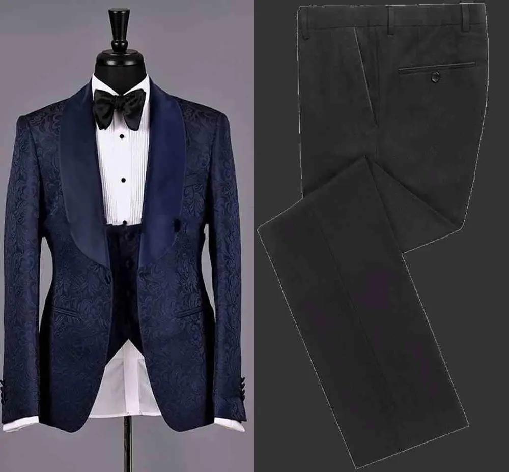 Men’s Suits Gold and Navy Blue Pattern Groom Tuxedos Mens Suits Luxurious Weddings