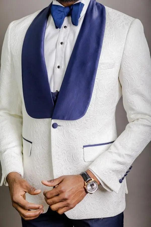 Men’s Suits Gold and Navy Blue Pattern Groom Tuxedos Mens Suits Luxurious Weddings