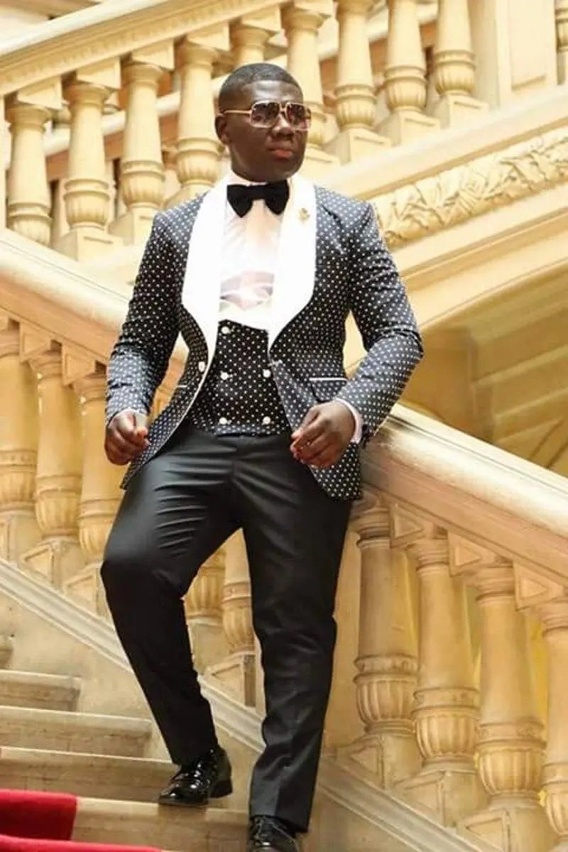 Men’s Suits Gold and Navy Blue Pattern Groom Tuxedos Mens Suits Luxurious Weddings