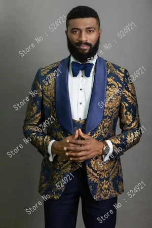 Men Suits Gold and Navy Blue  Pattern Groom Tuxedos - Luxurious Weddings