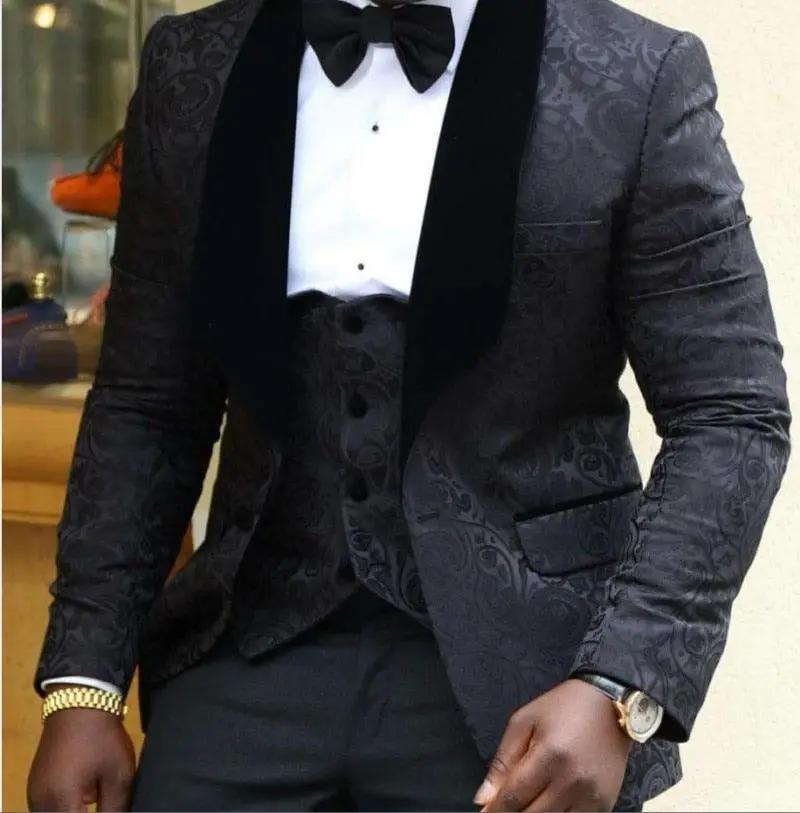 Men’s Suits Gold and Navy Blue Pattern Groom Tuxedos Mens Suits Luxurious Weddings