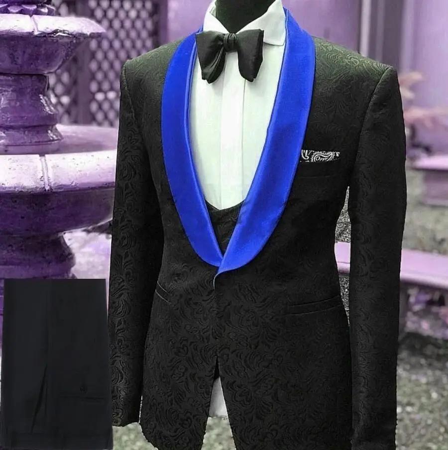Men’s Suits Gold and Navy Blue Pattern Groom Tuxedos Mens Suits Luxurious Weddings