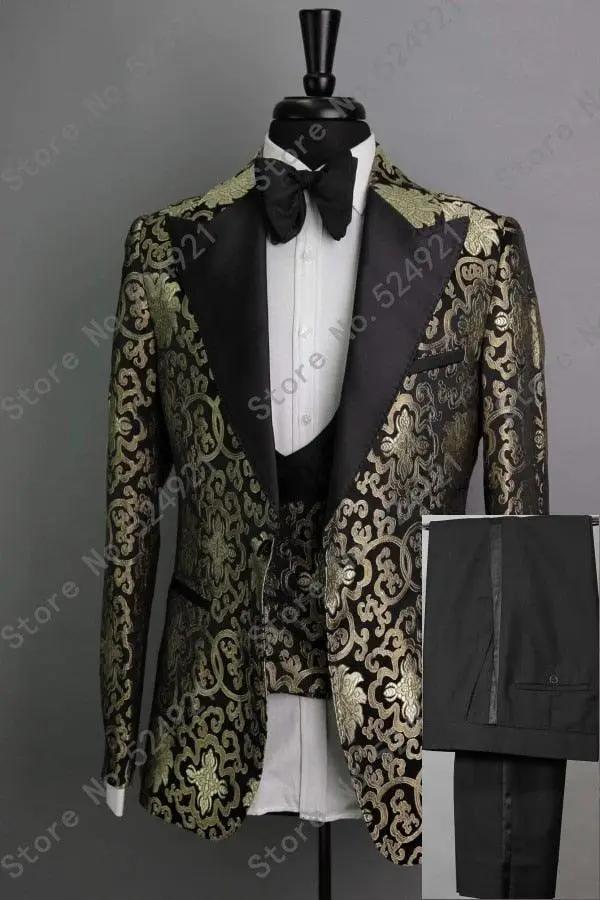 Men Suits Gold and Navy Blue  Pattern Groom Tuxedos - Luxurious Weddings