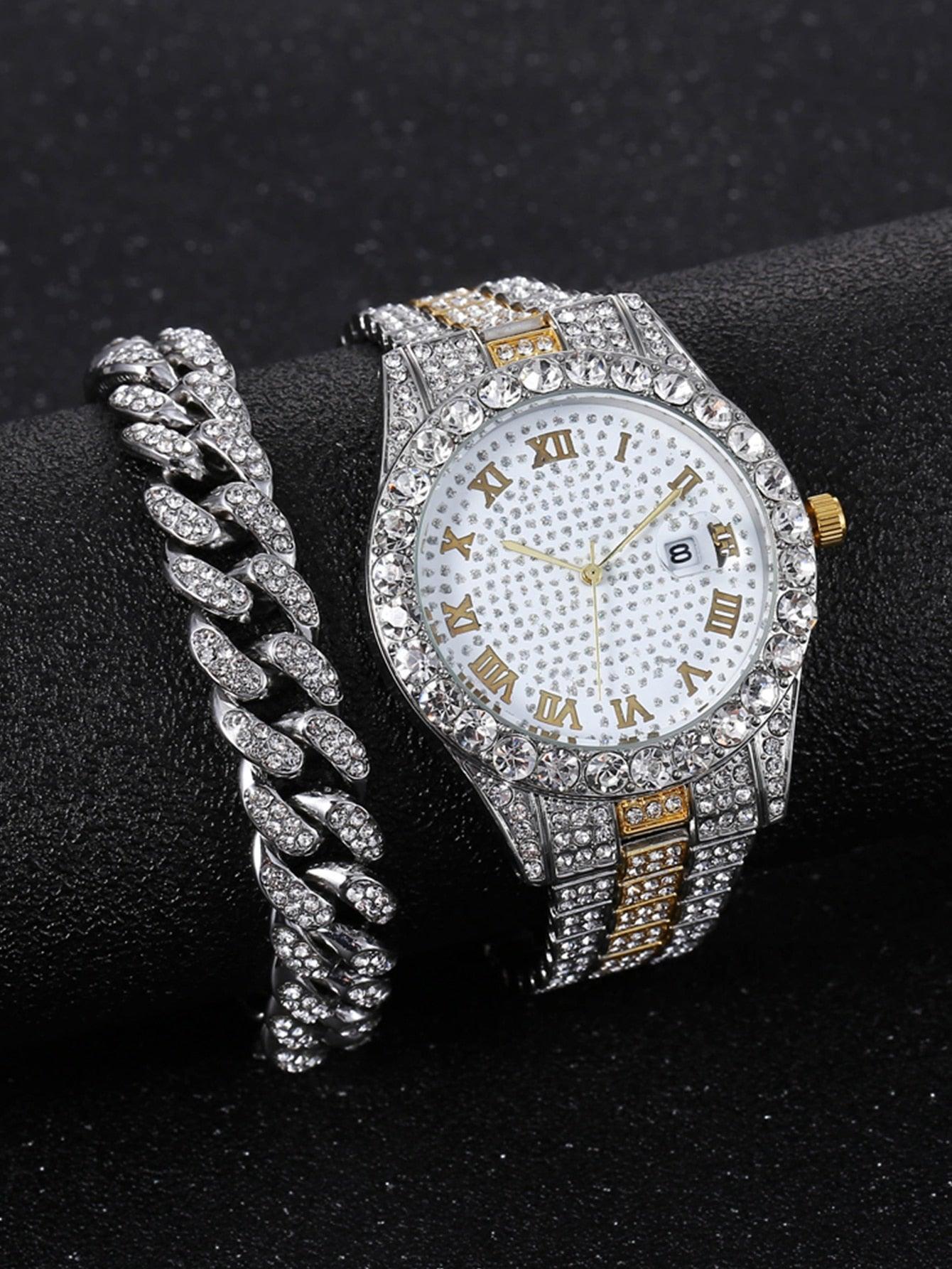 Mens Fashion Bling Watch set diamond-studded bracelet set - Luxurious Weddings