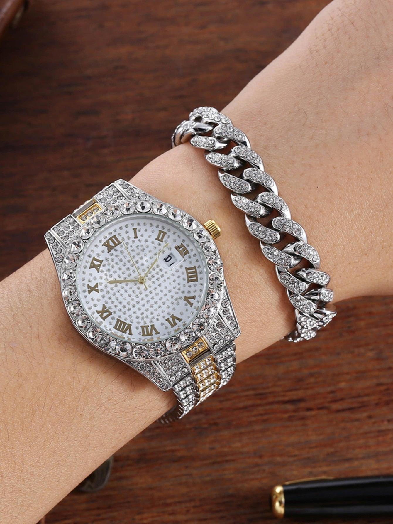 Mens Fashion Bling Watch set diamond-studded bracelet set - Luxurious Weddings