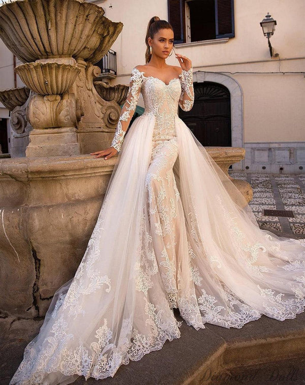 Mermaid  Dress Detachable Train Long Sleeves Bridal Gown - Luxurious Weddings