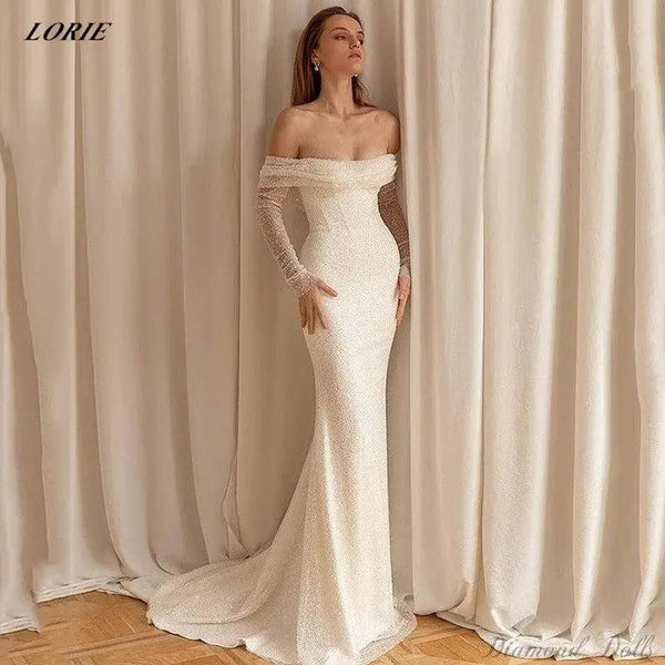 Off  the Shoulder Glitter Elegant Mermaid Wedding Dress - Luxurious Weddings