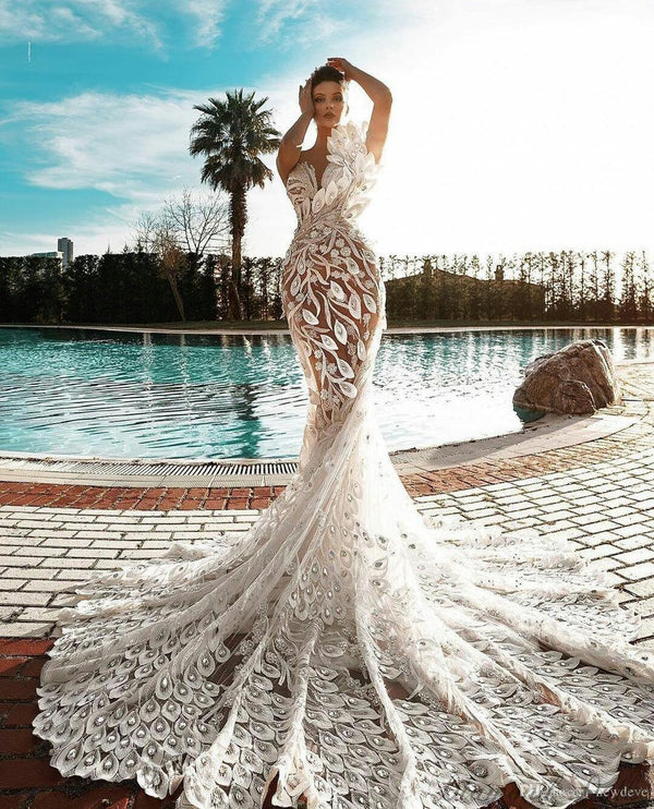 One-shoulder 3D Applique Beads Mermaid Bridal Gown - Luxurious Weddings