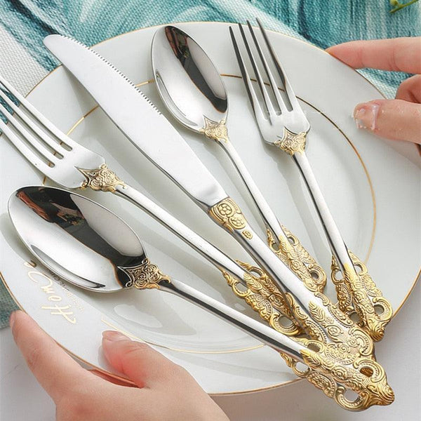 Palace series 304 stainless steel Western food five piece set retro embossed steak knife, fork and spoon home set cutlery - Luxurious Weddings
