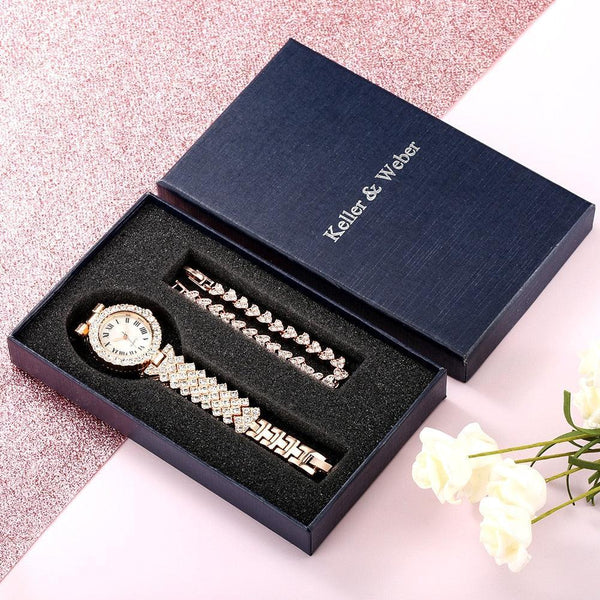 Rose Gold Rhinestone Watch Bracelet Set - Luxurious Weddings