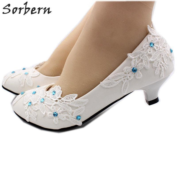 Sorbern Blue Crystals Lace Flower Wedding Pump Shoes - Luxurious Weddings