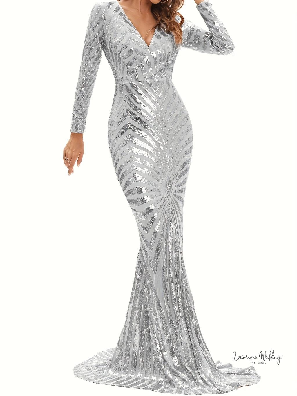 Sparkling V-neck Mermaid Dress - Long Sleeve Party & Banquet Attire Gatsby Gown Luxurious Weddings