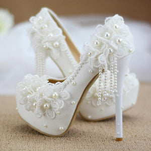 white lace beaded tassel stiletto Bridal Shoes Luxurious Weddings