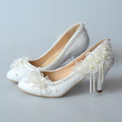 white lace beaded tassel stiletto Bridal Shoes Luxurious Weddings