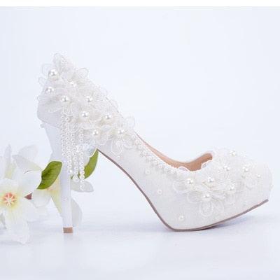 white lace beaded tassel stiletto Bridal Shoes Luxurious Weddings