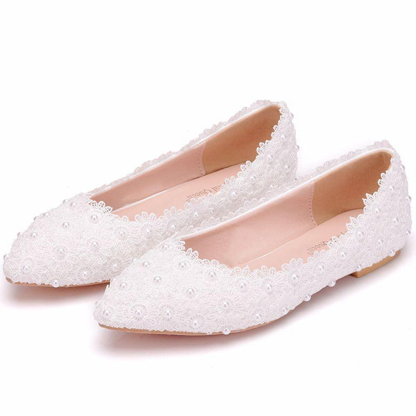 Spring Pointed toe flat white lace bridal wedding shoes - Luxurious Weddings